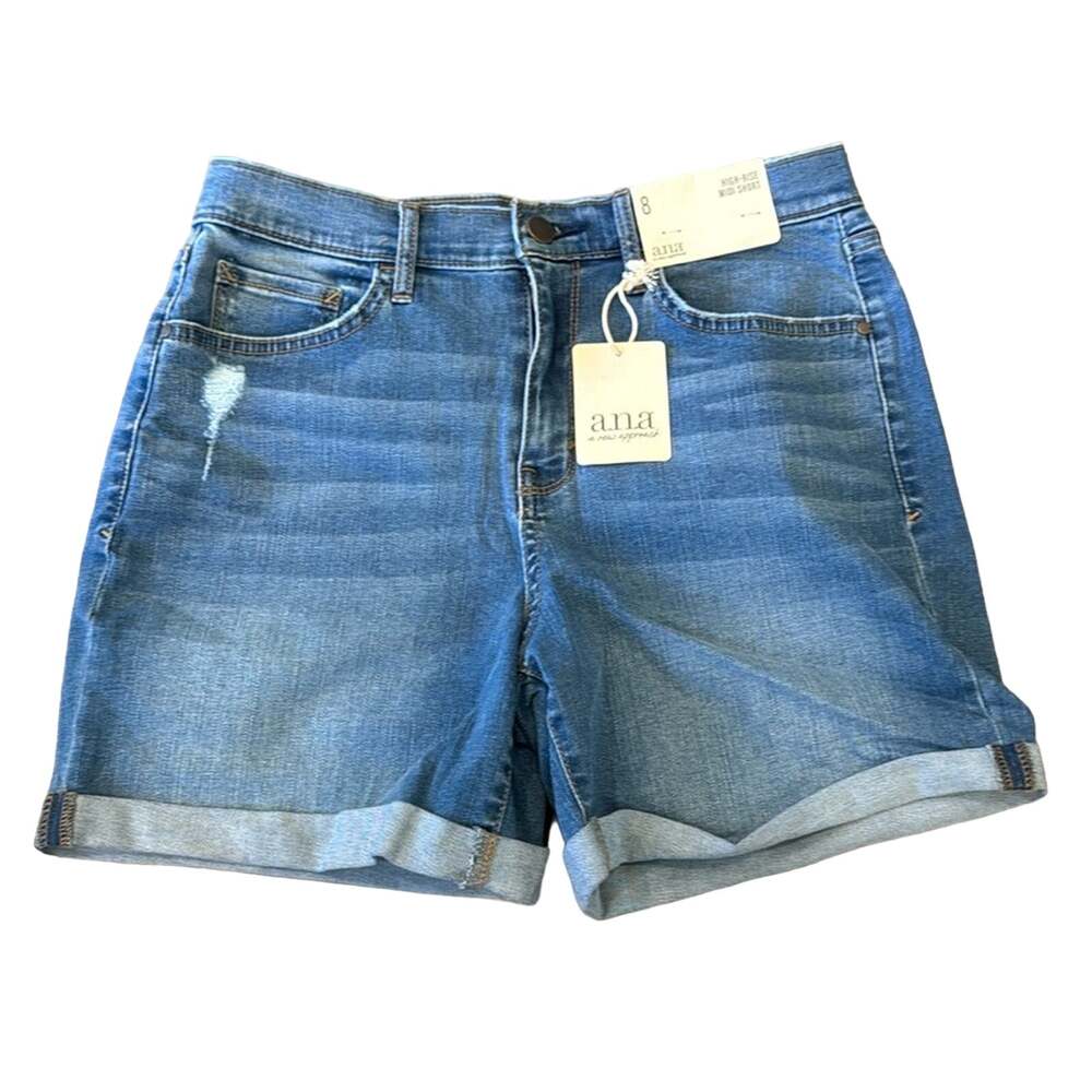 NWT a.n.a Women's High Rise Rollup Hem Midi Short Medium Wash Size 8